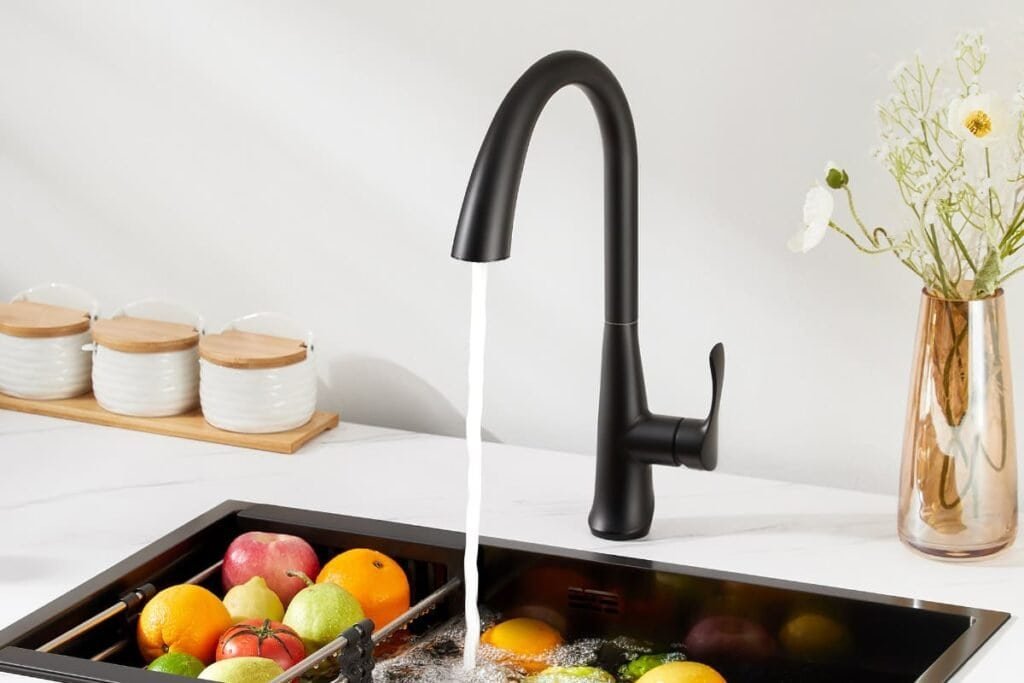 lead-free faucet close-up showing healthy water