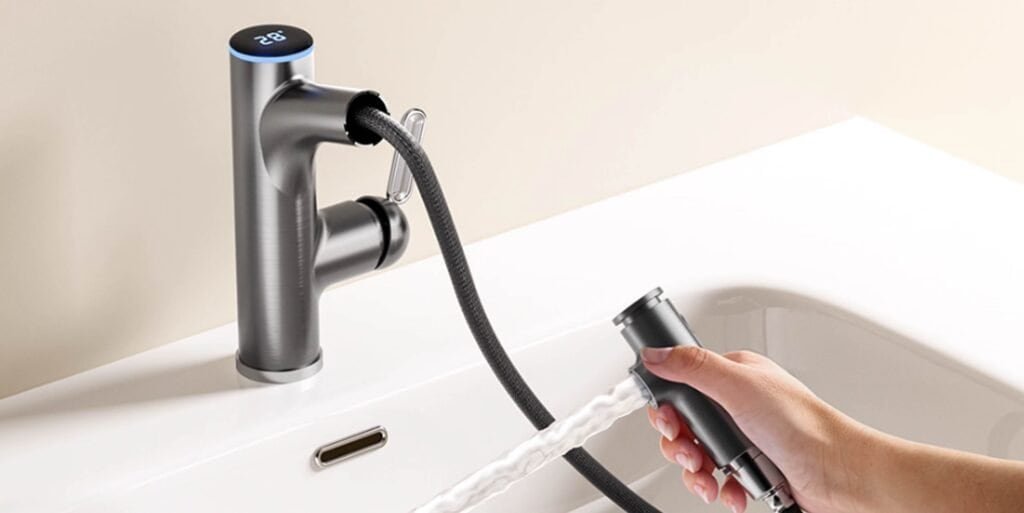 Futuristic infographic showing harmonized North American faucet standards (NOM, NSF, CSA) evolving toward unified digital certification and IoT smart faucets