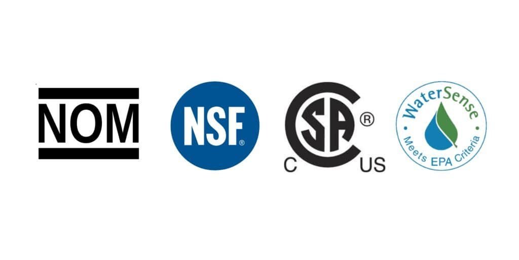 Visual guide showing faucet certification logos NOM-012-CONAGUA-2021 NSF ANSI 61 WaterSense CSA highlighting labeling requirements and differences