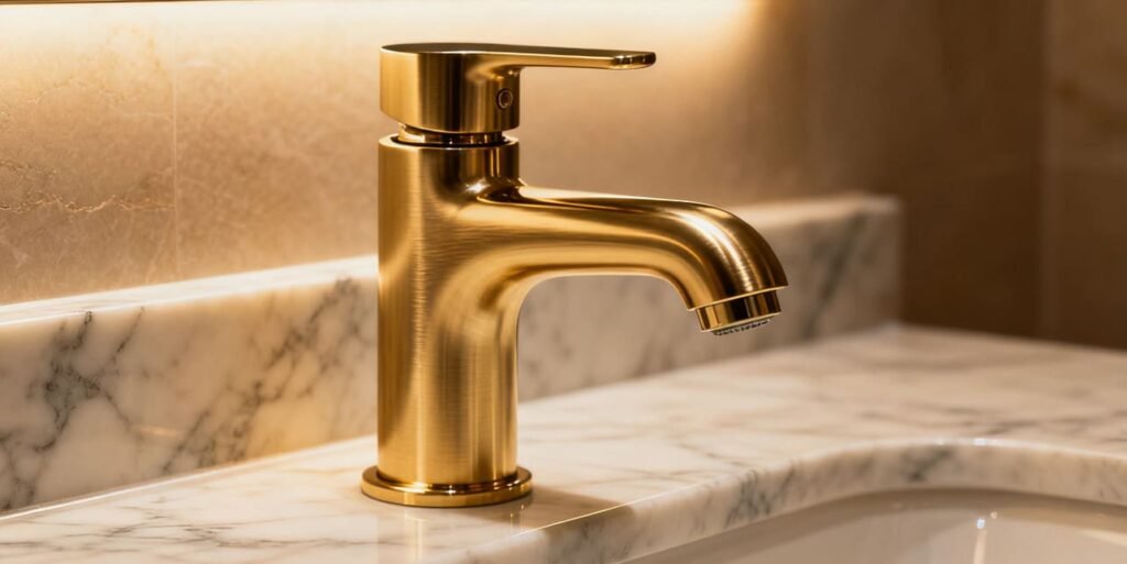 Brushed gold bathroom faucet with marble sink