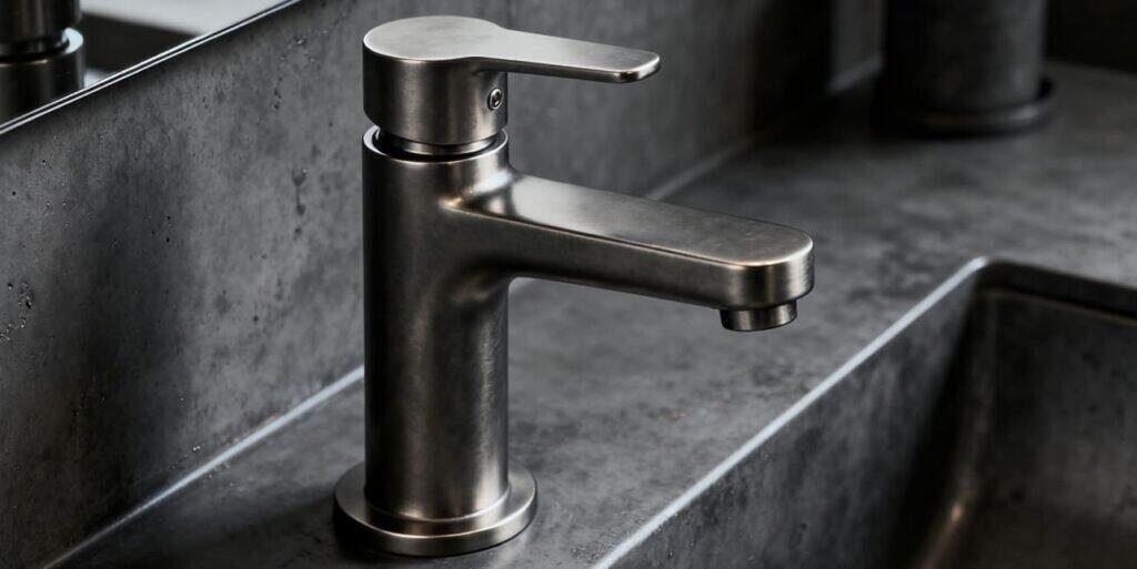 Gunmetal bathroom faucet in modern interior