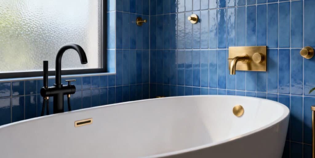 Stainless steel faucet in minimalist bathroom